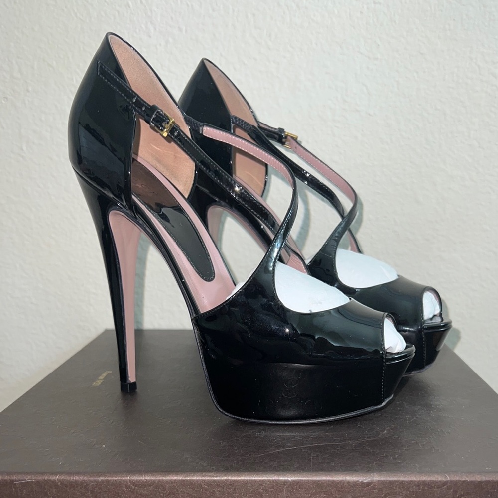Gucci Black Patent Leather Vernice Crystal/Napa Charlott Nero Size IT 36, US 6.